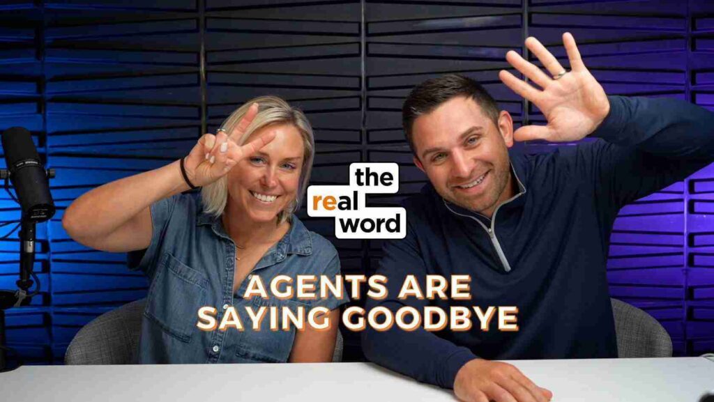 Two podcast hosts wave hello/goodbye in a studio with a microphone and the 'the real word' logo on screen.