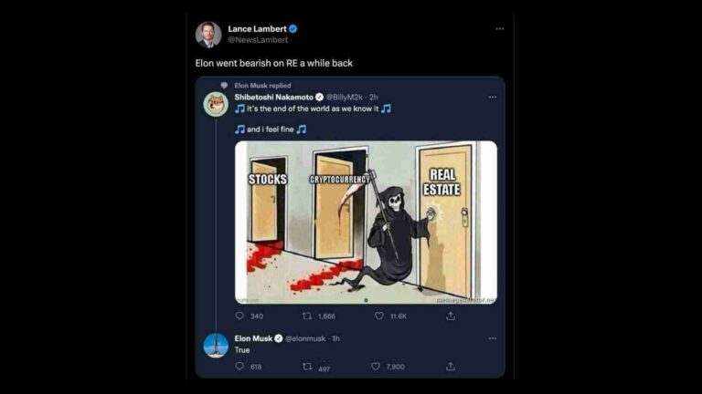 Screenshot of a tweet thread about Elon Musk, showing a dark Twitter-like UI with a cartoon Grim Reaper in front of three doors labeled Stocks, Cryptocurrency, Real Estate, suggesting one option leads to doom with blood on the floor (meme about investments).
