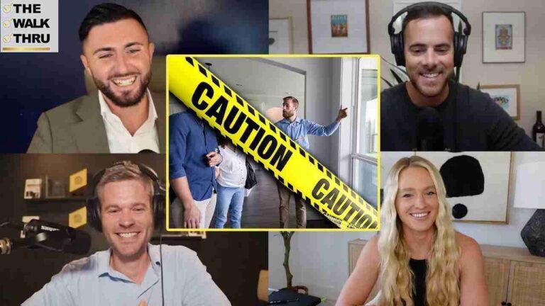 Six-person video call collage with a central image of caution tape blocking a doorway; participants smile in each frame.