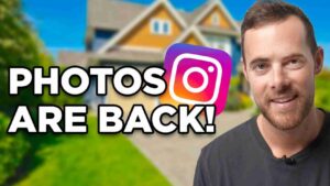 Smiling man on the right with bold text 'PHOTOS ARE BACK!' and a large Instagram logo over a suburban house background.