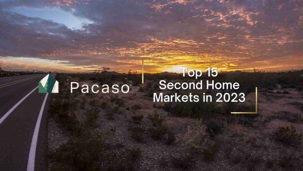 Sunset landscape with a road on the left and Pacaso logo, plus the headline 'Top 15 Second Home Markets in 2023' across the scene.