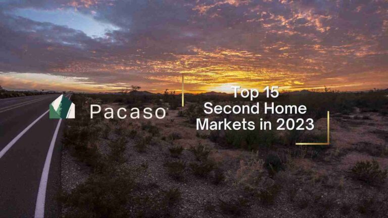 Sunset landscape with a road on the left and Pacaso logo, plus the headline 'Top 15 Second Home Markets in 2023' across the scene.