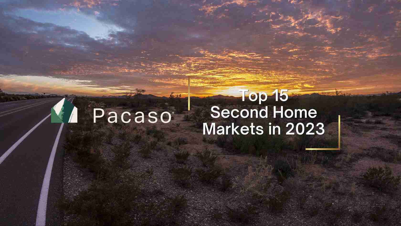 Sunset landscape with a road on the left and Pacaso logo, plus the headline 'Top 15 Second Home Markets in 2023' across the scene.