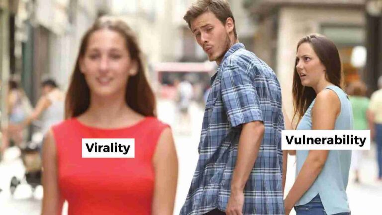 Man in a plaid shirt glances back at two women; foreground woman in red labeled 'Virality' and a woman in a light blue top labeled 'Vulnerability' walking behind.