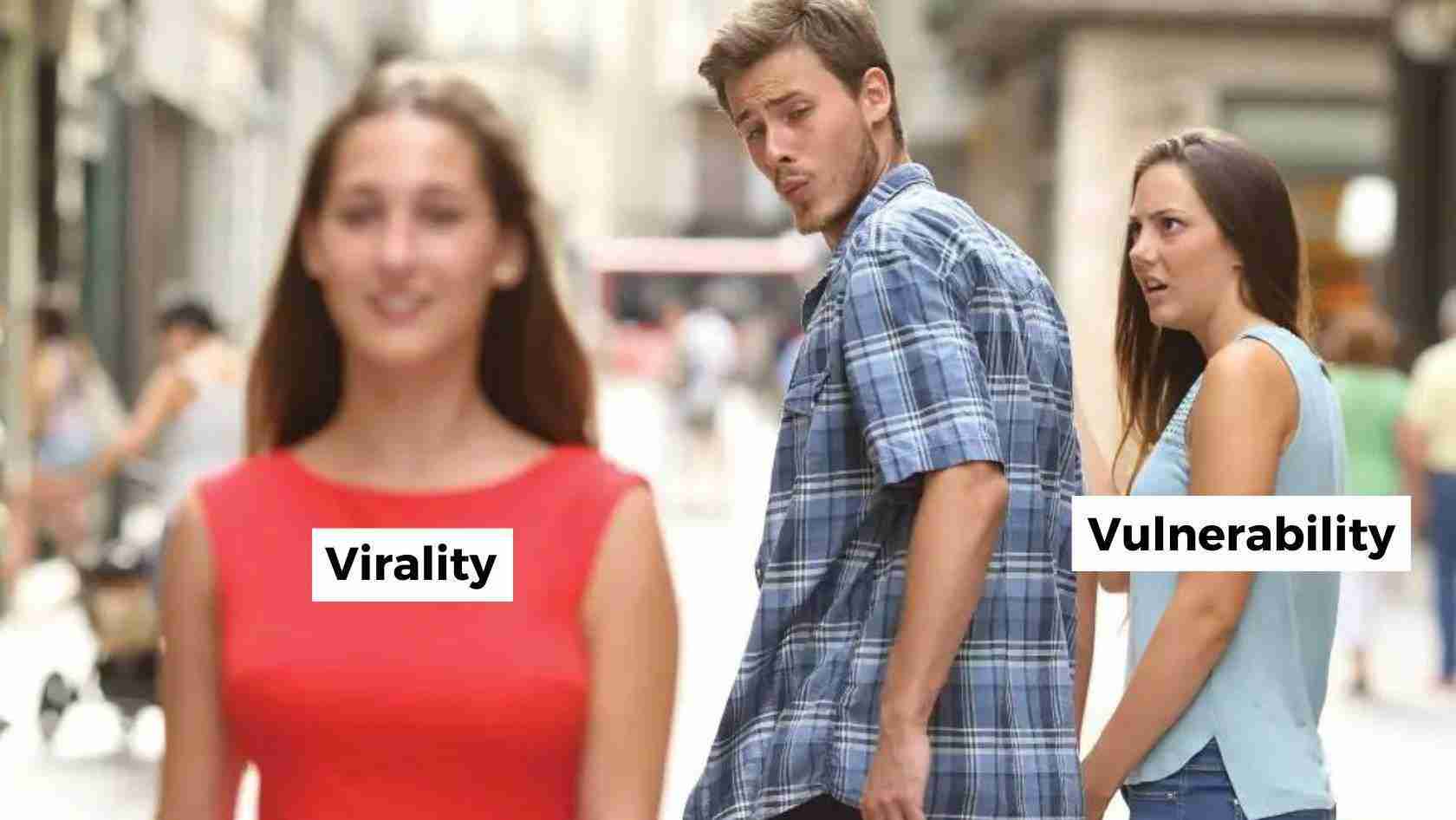 Man in a plaid shirt glances back at two women; foreground woman in red labeled 'Virality' and a woman in a light blue top labeled 'Vulnerability' walking behind.