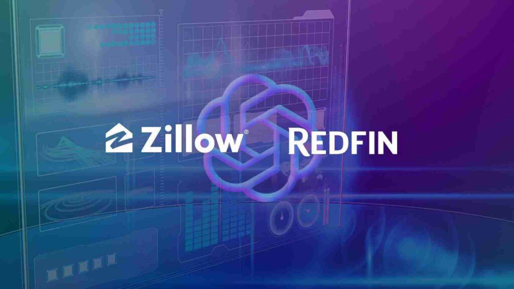 Zillow and Redfin logos displayed together on a blue-purple tech-themed background with a cloud icon in the center.