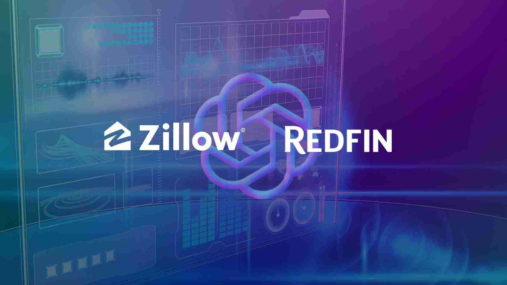 Zillow and Redfin logos displayed together on a blue-purple tech-themed background with a cloud icon in the center.