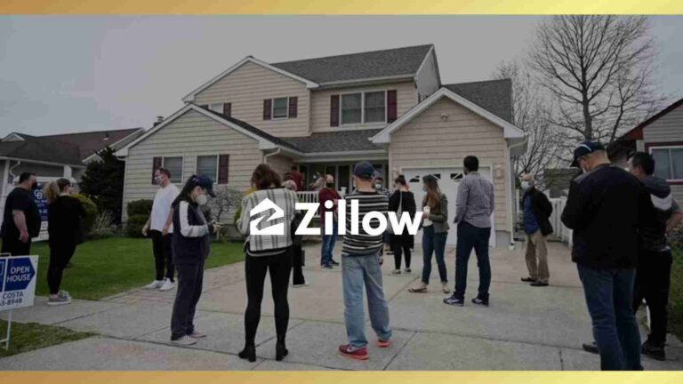 People stand in a line on the driveway of a beige two‑story house, attending an open house with a Zillow watermark across the image (masking visible).
