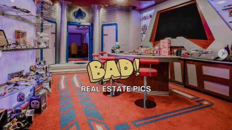 Colorful retro arcade-like shop interior with a curved counter and red stools; overlay text reads 'BAD! REAL ESTATE PICS'.