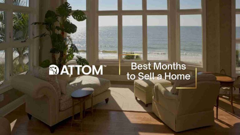 Living room with large ocean-view windows; ATTOM branding and the headline 'Best Months to Sell a Home' overlaid on the image.