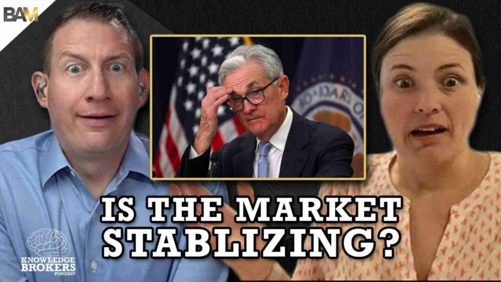 Thumbnail collage for a podcast: two hosts on opposite sides with surprised expressions, center inset of a man in a suit adjusting his glasses at a podium; caption 'IS THE MARKET STABILIZING?' in bold text.
