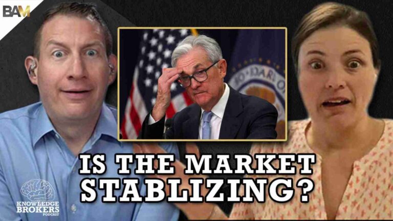 Thumbnail collage for a podcast: two hosts on opposite sides with surprised expressions, center inset of a man in a suit adjusting his glasses at a podium; caption 'IS THE MARKET STABILIZING?' in bold text.