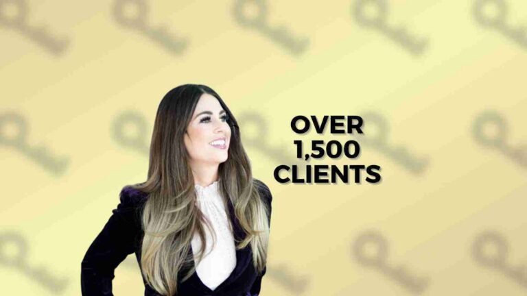 Smiling woman in business attire looking up toward the bold text 'Over 1,500 Clients' on a yellow blurred background.