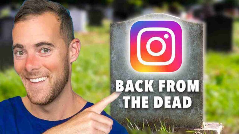 Smiling man in blue points at a tombstone with the Instagram logo and the words 'Back from the Dead'.