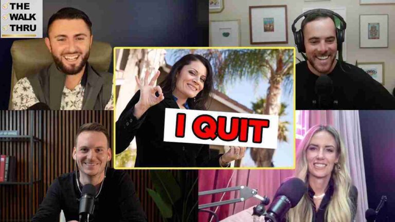 Group video podcast collage with five hosts; center frame shows a smiling woman holding an 'I QUIT' sign.
