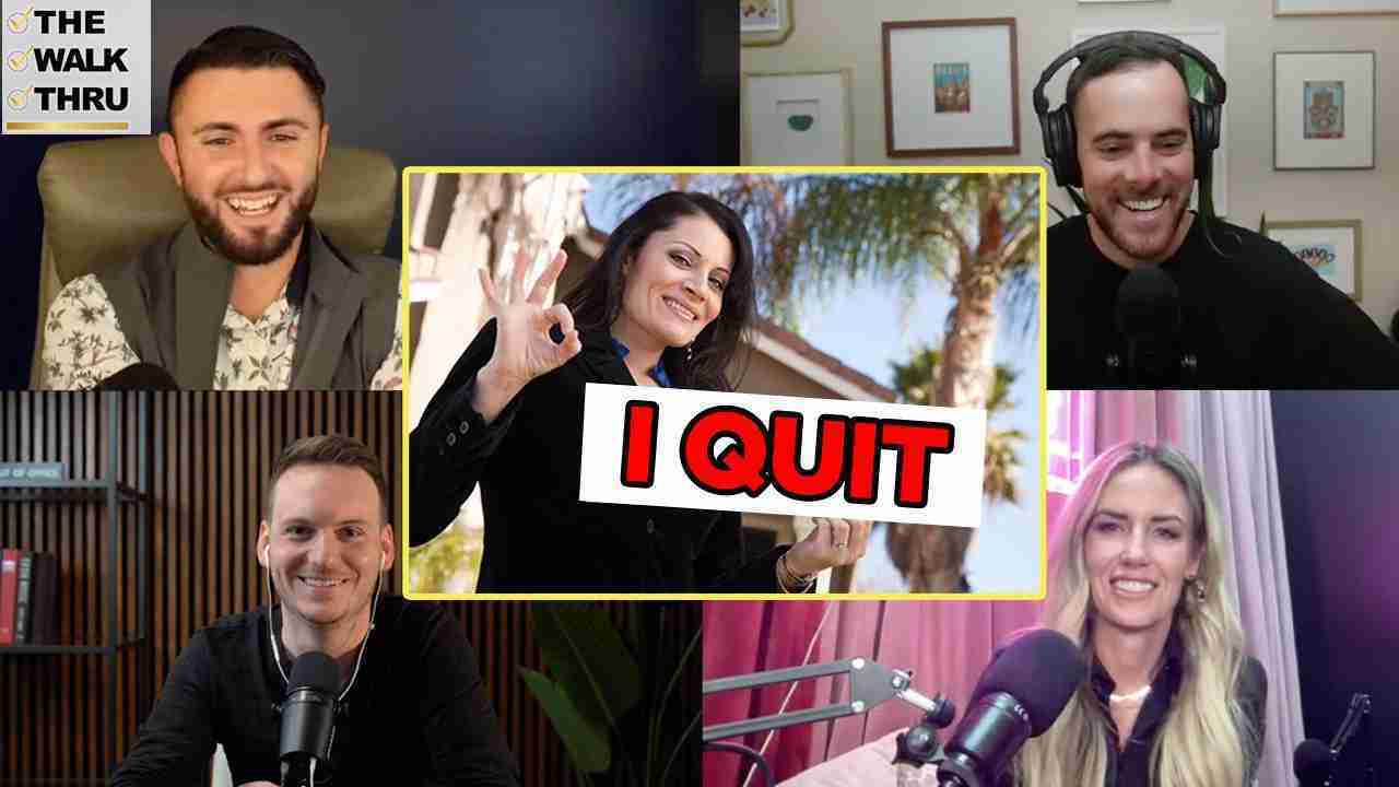 Group video podcast collage with five hosts; center frame shows a smiling woman holding an 'I QUIT' sign.