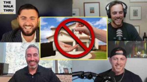 Five-person video call with a central graphic showing a red 'no' symbol over hands exchanging house keys in front of a house, indicating no key handoff or restrictions on home access.