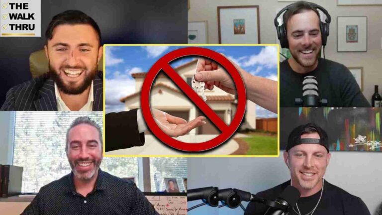 Five-person video call with a central graphic showing a red 'no' symbol over hands exchanging house keys in front of a house, indicating no key handoff or restrictions on home access.