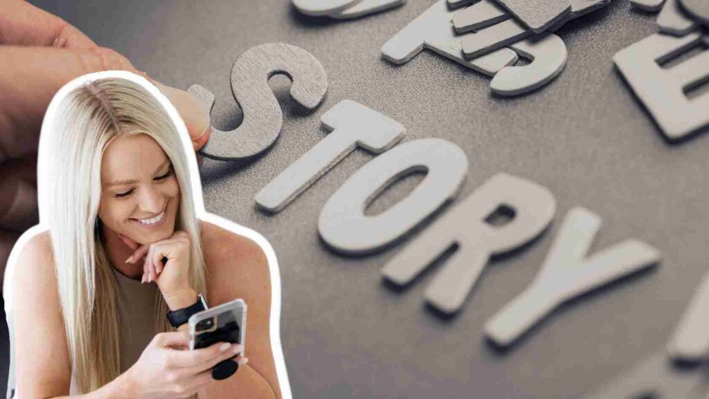 Smiling woman looking at her phone with oversized letters spelling 'story' in the background