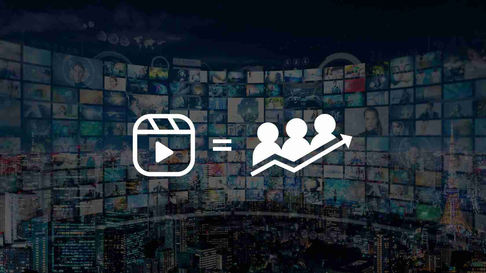 Video play icon (Instagram-style) equals three people with an upward-trending arrow, suggesting video drives audience growth.