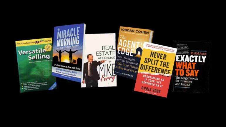 A diagonal row of colorful business book covers fanned across a black background, including titles like Versatile Selling, Miracle Morning, Real Estate, The Agent Edge, Never Split the Difference, and Exactly What to Say.