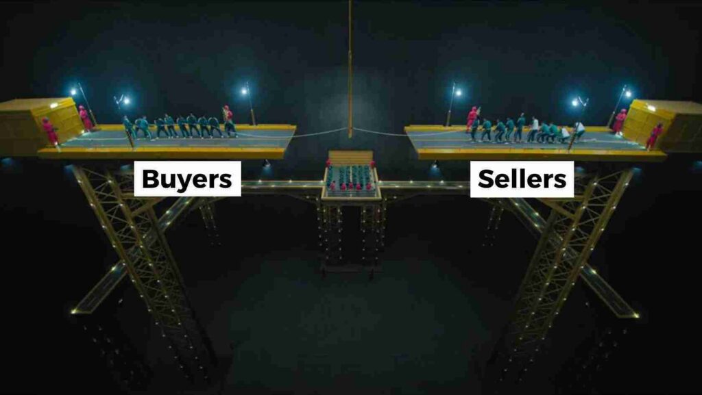 Nighttime aerial view of a suspended platform with two groups and signs reading Buyers (left) and Sellers (right).
