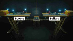 Nighttime aerial view of a suspended platform with two groups and signs reading Buyers (left) and Sellers (right).