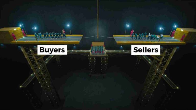 Nighttime aerial view of a suspended platform with two groups and signs reading Buyers (left) and Sellers (right).