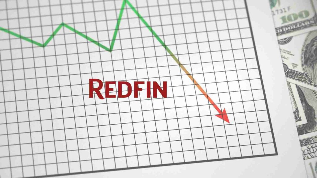 Redfin stock chart with a sharp downward trend and dollar bills on the side, suggesting a financial decline for the company.