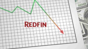 Redfin stock chart with a sharp downward trend and dollar bills on the side, suggesting a financial decline for the company.