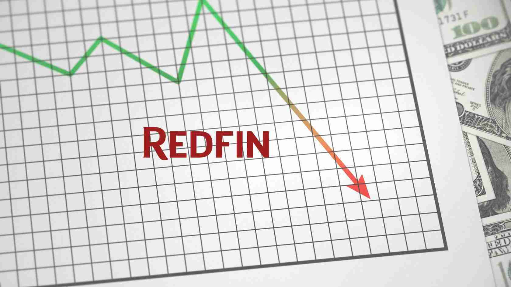 Redfin stock chart with a sharp downward trend and dollar bills on the side, suggesting a financial decline for the company.