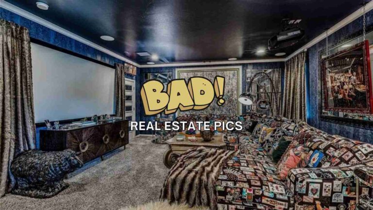 Colorful home theater room with patterned sofa, drapes, projector screen, and a bold BAD! Real Estate Pics watermark across the center.