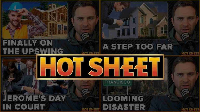 Collage of six video thumbnails for 'Hot Sheet' showing a host speaking into a microphone and headlines like 'Finally on the Upswing', 'A Step Too Far', 'Jerome's Day in Court', and 'Looming Disaster'.
