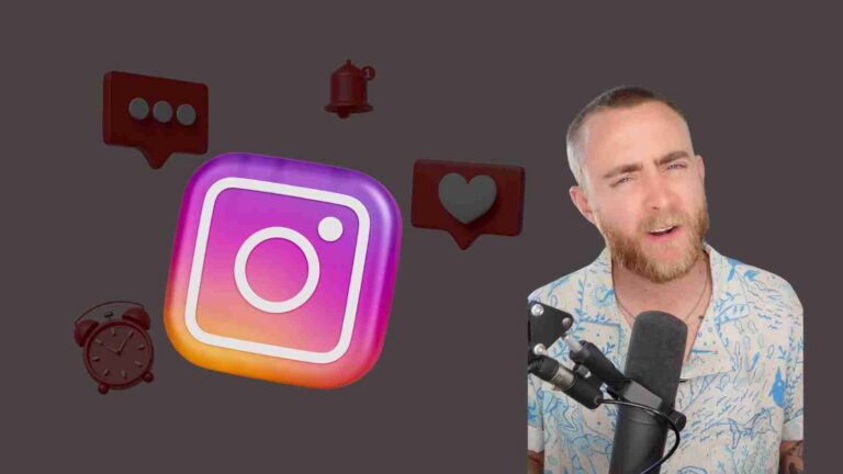 Host recording a podcast with a large Instagram logo and floating social icons in the background.