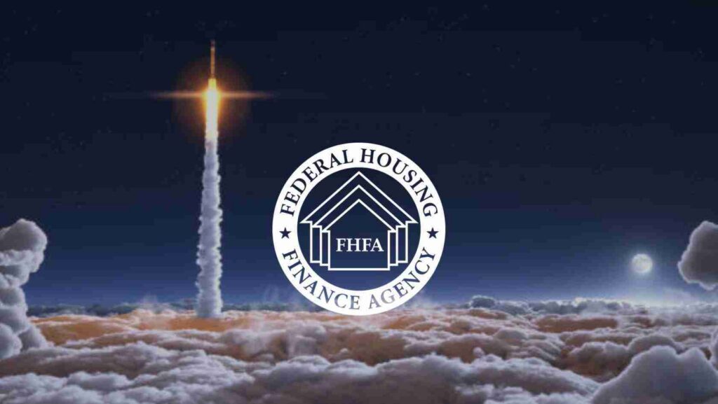 Rocket launch piercing the night sky behind a white FHFA logo circle (Federal Housing Finance Agency) above a cloudscape.