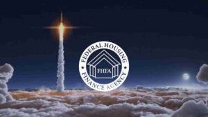 Rocket launch piercing the night sky behind a white FHFA logo circle (Federal Housing Finance Agency) above a cloudscape.