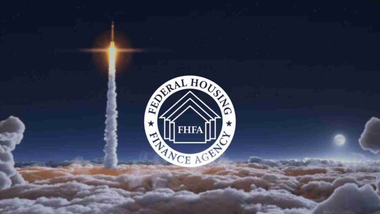 Rocket launch piercing the night sky behind a white FHFA logo circle (Federal Housing Finance Agency) above a cloudscape.