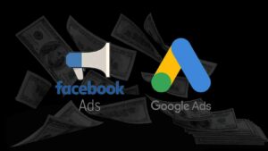 Facebook Ads and Google Ads logos with dollar bills in the background, illustrating online advertising and revenue; money scattered behind the logos.