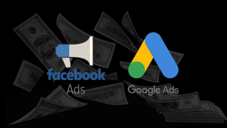 Facebook Ads and Google Ads logos with dollar bills in the background, illustrating online advertising and revenue; money scattered behind the logos.