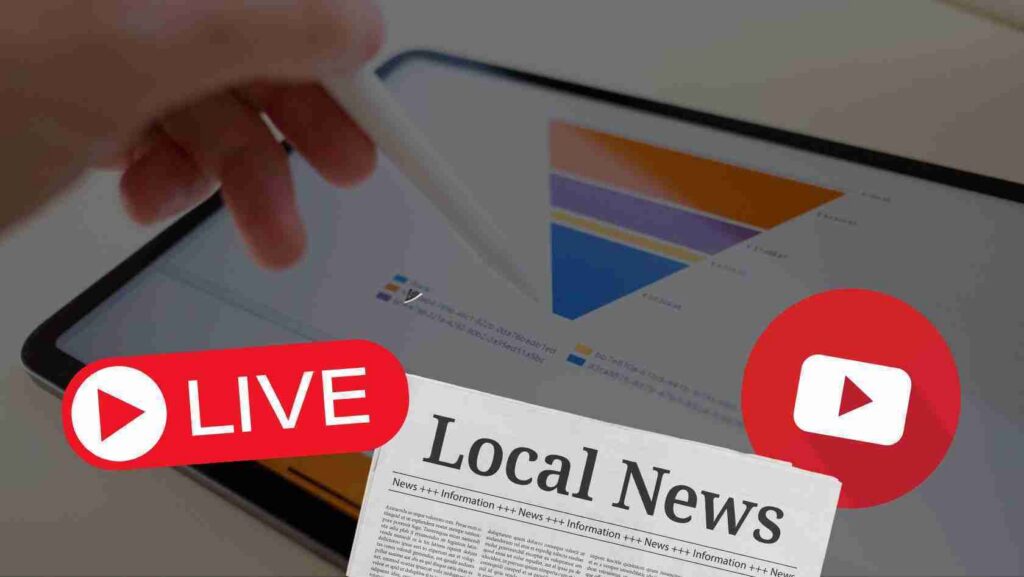 Tablet screen shows live news collage with a red 'LIVE' badge, YouTube play icon, and a Local News newspaper overlay