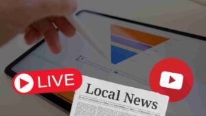 Tablet screen shows live news collage with a red 'LIVE' badge, YouTube play icon, and a Local News newspaper overlay