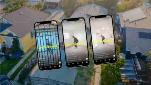 Aerial view of a residential neighborhood with three smartphones overlaid, each showing a TikTok-style video titled 'Just Closed!'
