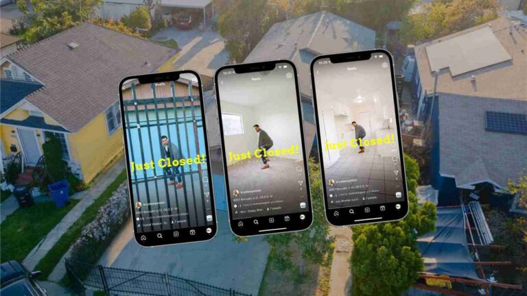 Aerial view of a residential neighborhood with three smartphones overlaid, each showing a TikTok-style video titled 'Just Closed!'
