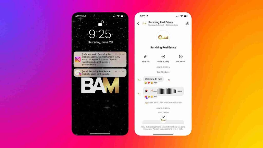 Two smartphones on a pink-to-orange gradient background; left screen shows a lock screen with two notifications and a bold 'BAM' wallpaper, right screen shows a chat/profile page for 'Surviving Real Estate'.