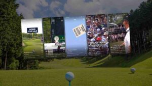 Row of vertical social-media story panels floating over a green golf course with trees in the background, showing various scenes and captions (home for sale, clock, offers, crowd).