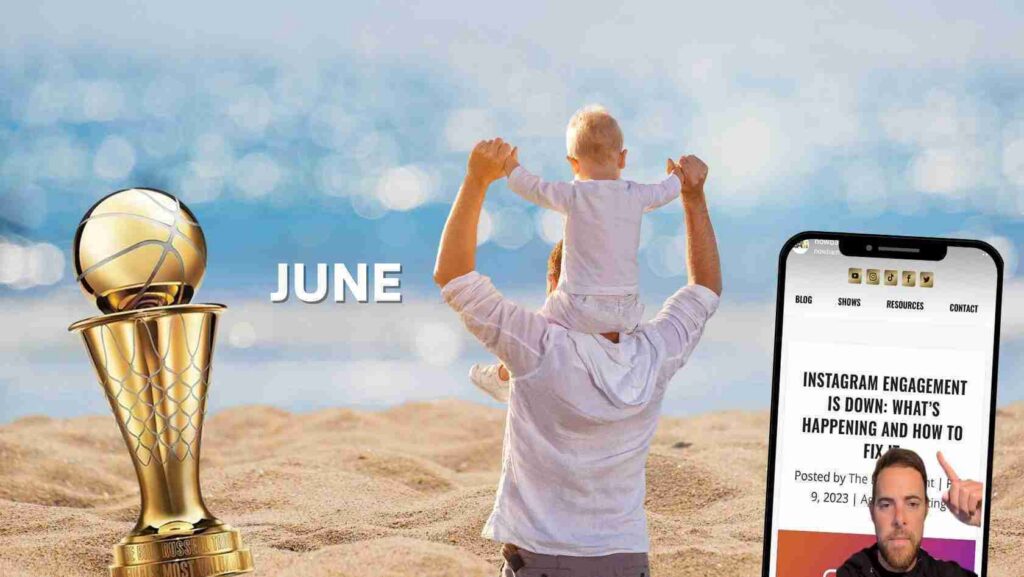 Man on a beach lifts a child on his shoulders beside a gold trophy, with a smartphone displaying a social post on the right.
