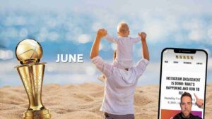 Man on a beach lifts a child on his shoulders beside a gold trophy, with a smartphone displaying a social post on the right.
