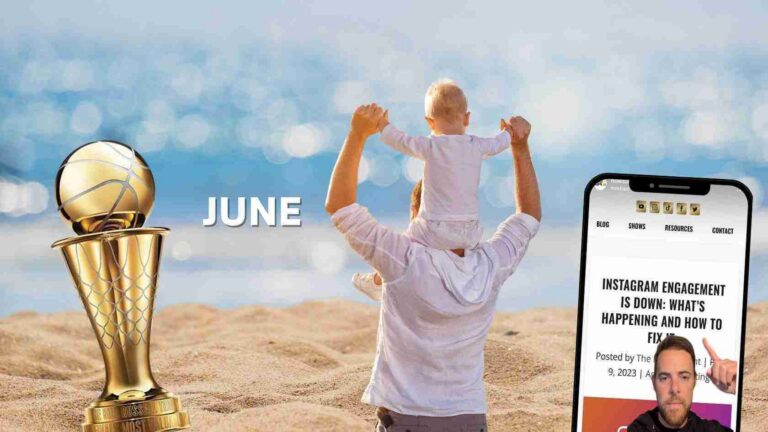 Man on a beach lifts a child on his shoulders beside a gold trophy, with a smartphone displaying a social post on the right.