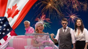 Canadian flag waves over a pink vintage car as four guests celebrate with fireworks overhead, festive and patriotic.