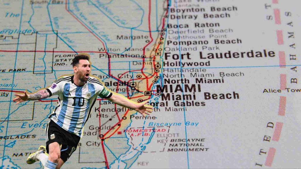 Soccer player wearing a light-blue and white striped jersey with number 10, leaping in front of a map showing Miami and surrounding areas of Florida.